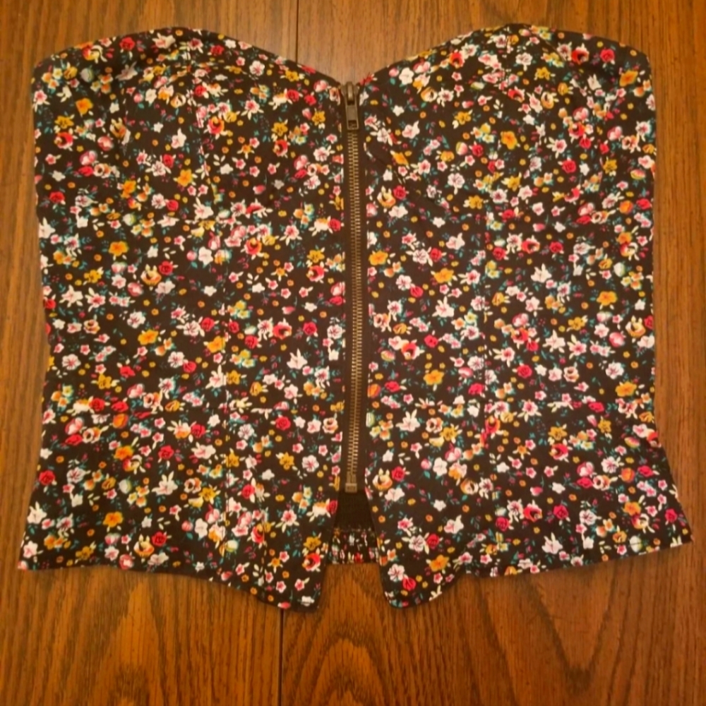 Black, red & yellow floral Strapless Crop top zipper corset style top  -  medium